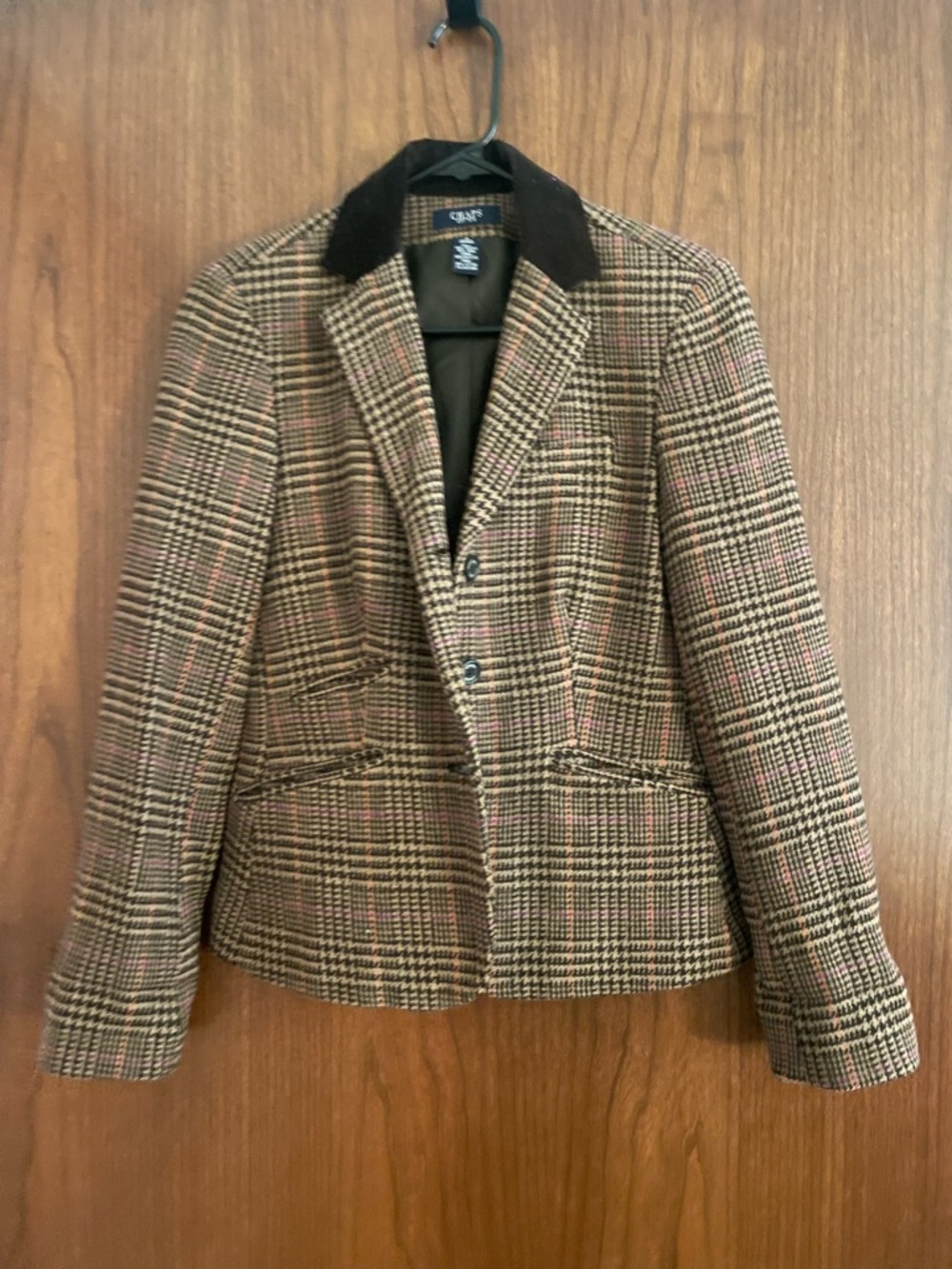 Chaps Brown Plaid Blazer with Corduroy Collar